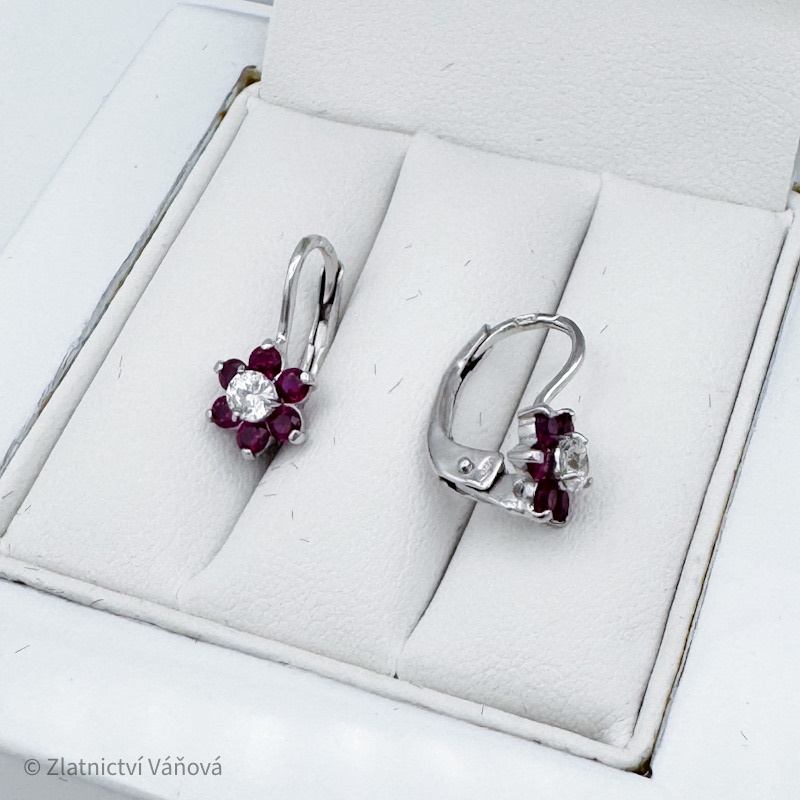 Bílé zlato náušnice květina červená dětské